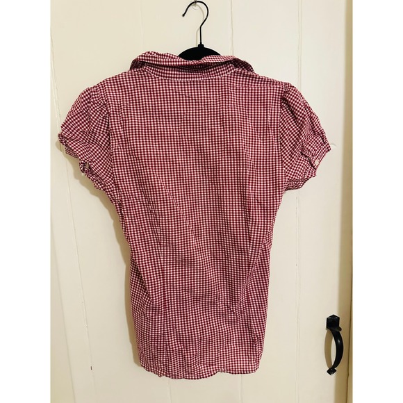 LOFT Red Gingham Ruffle Button Front Short Puff Sleeve Blouse Women's Size 8 - Picture 3 of 5
